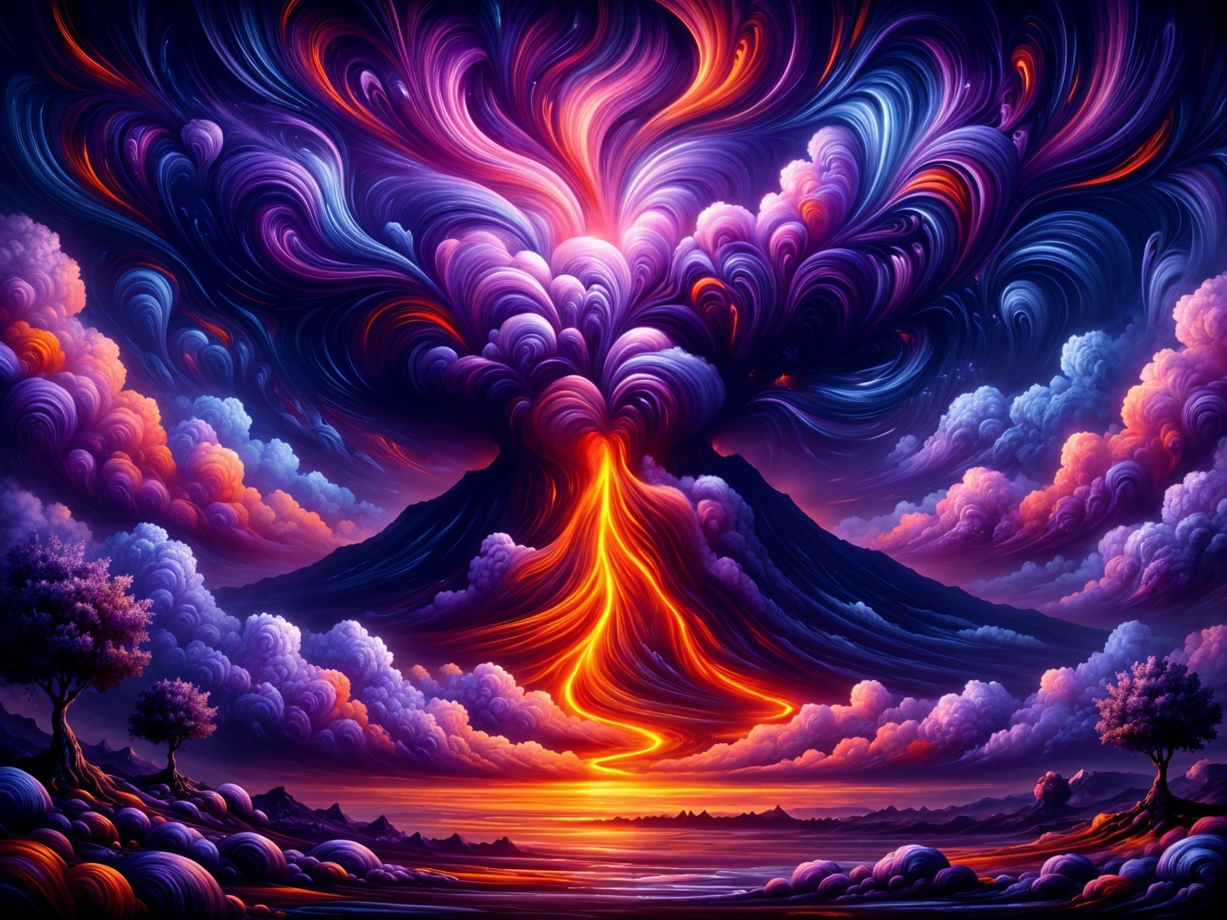 Surreal Landscape with Erupting Volcano and Clouds