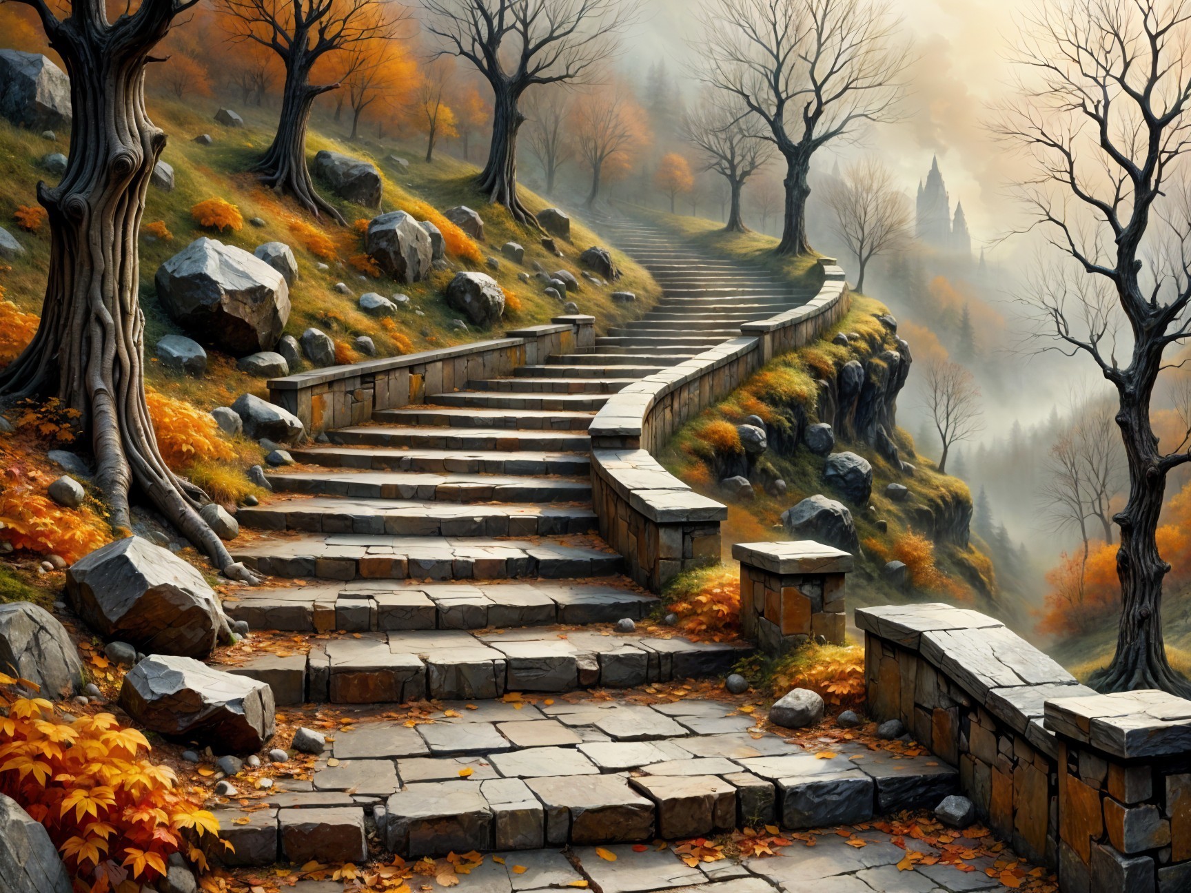 Winding Stone Staircase in Autumn Landscape