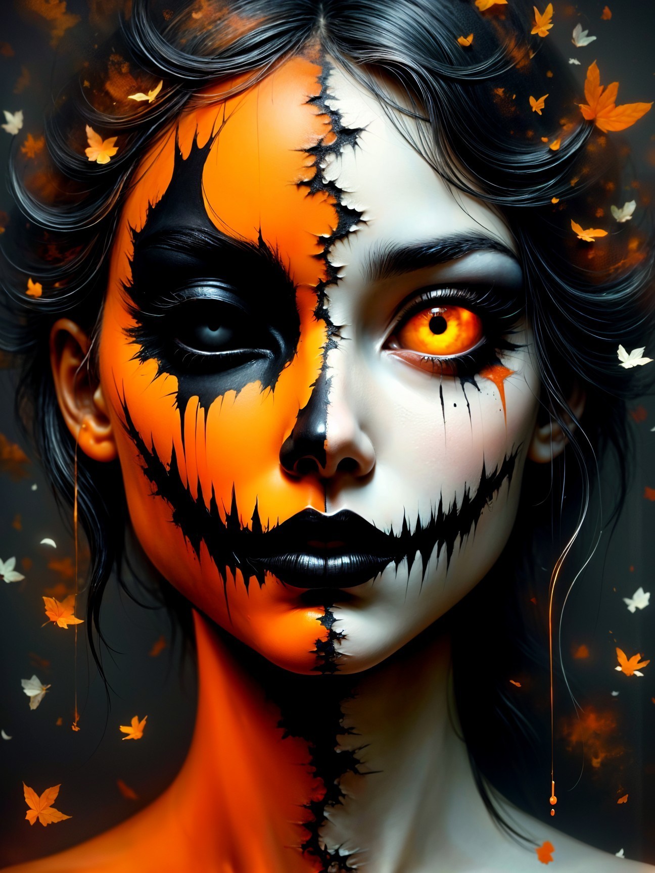 Dual-faced figure with pumpkin features and butterflies