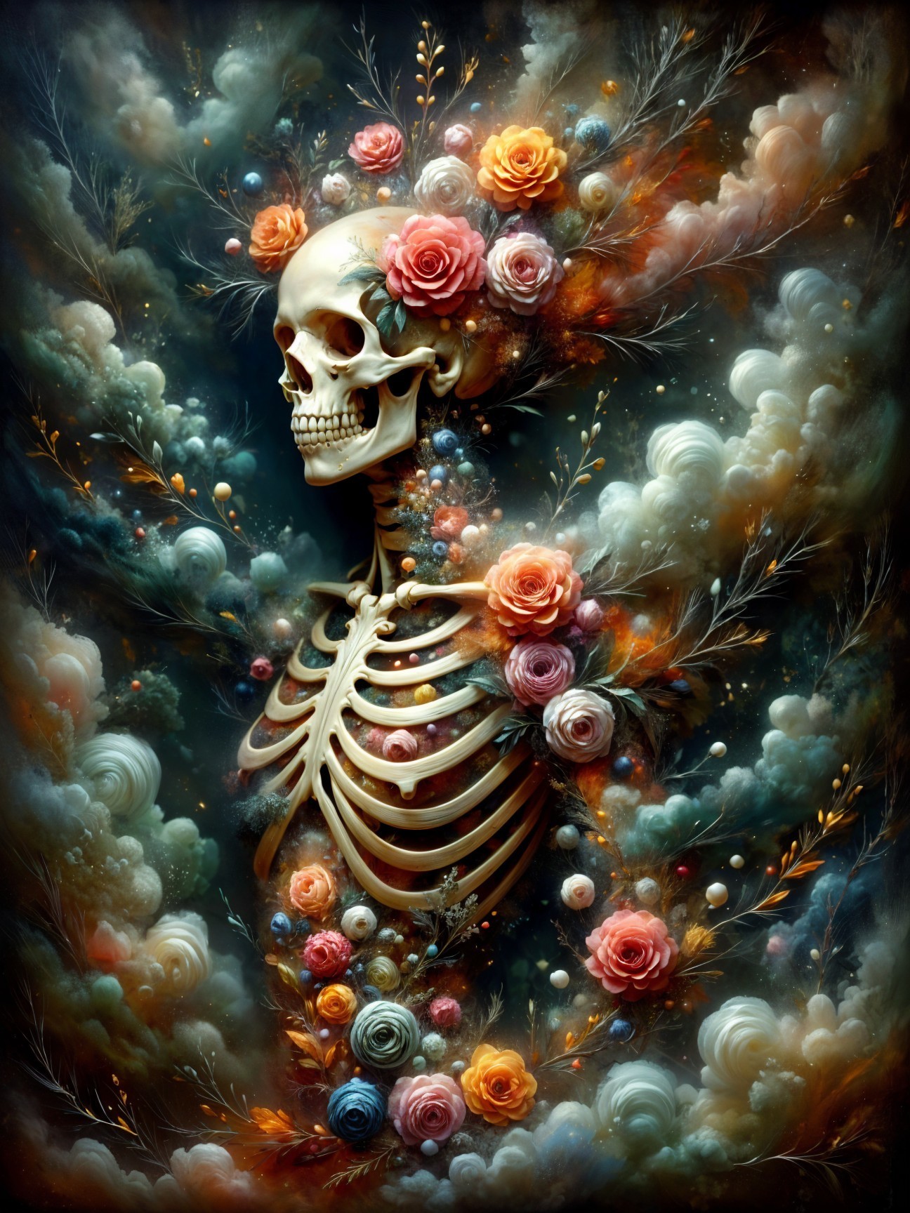 Artistic Skeleton Intertwined with Colorful Flowers