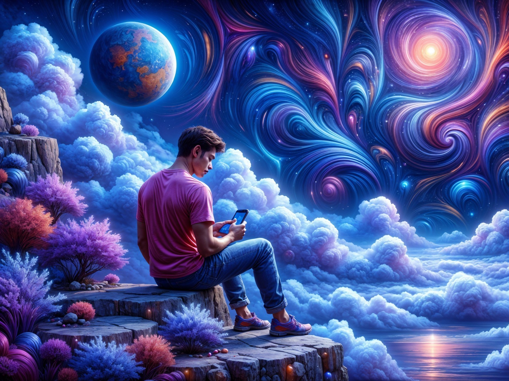 Young man on rocky ledge with cosmic backdrop