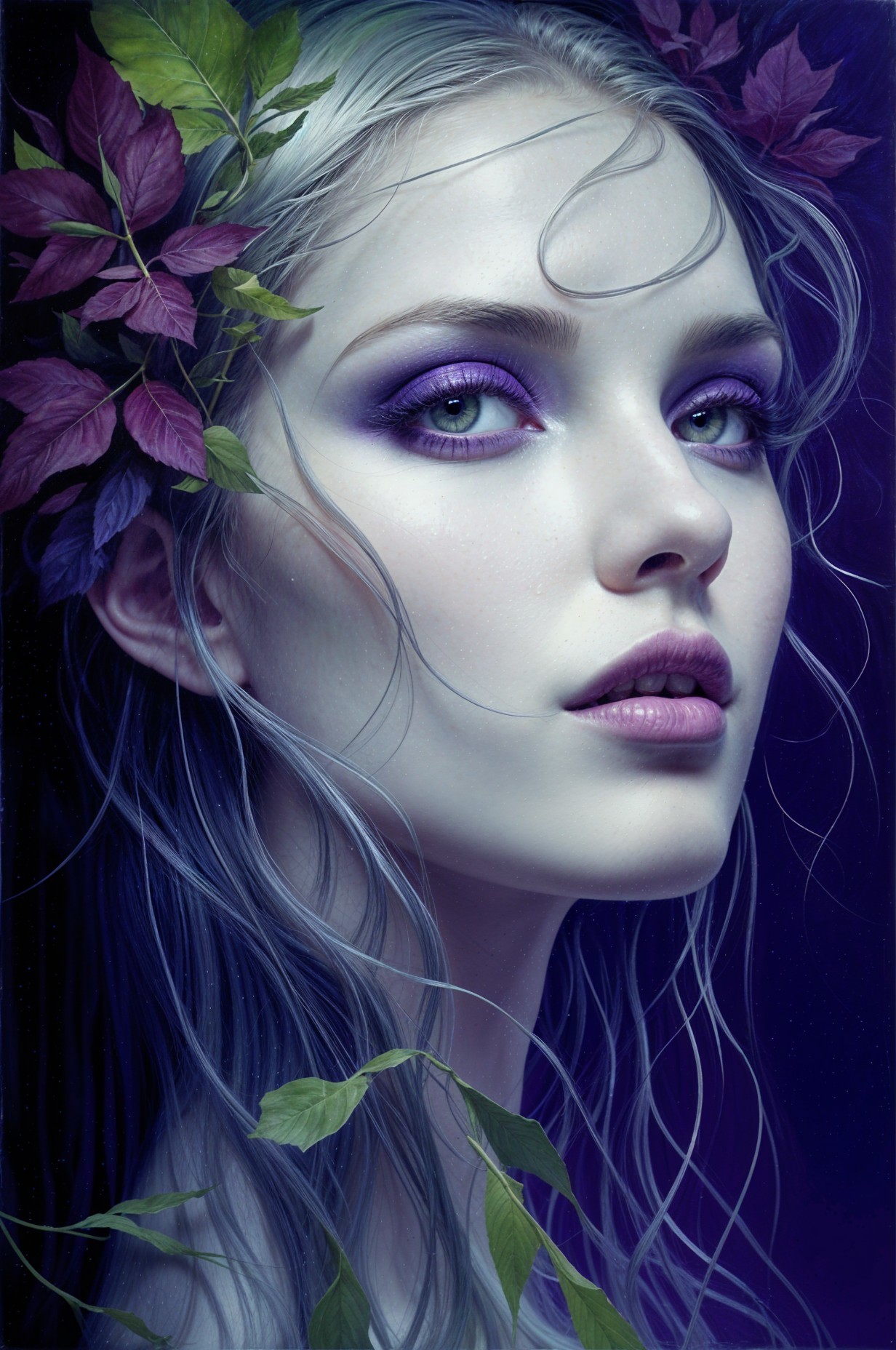 Portrait of a serene woman with silver hair and leaves