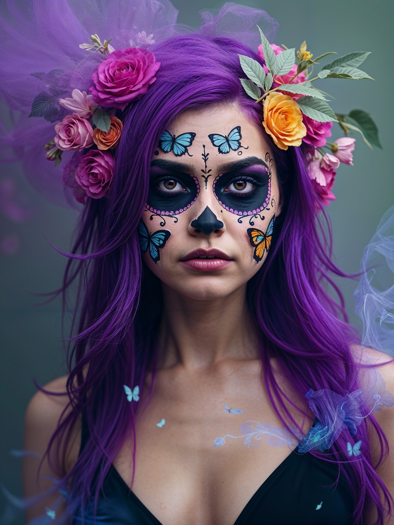 Woman with Purple Hair and Day of the Dead Makeup