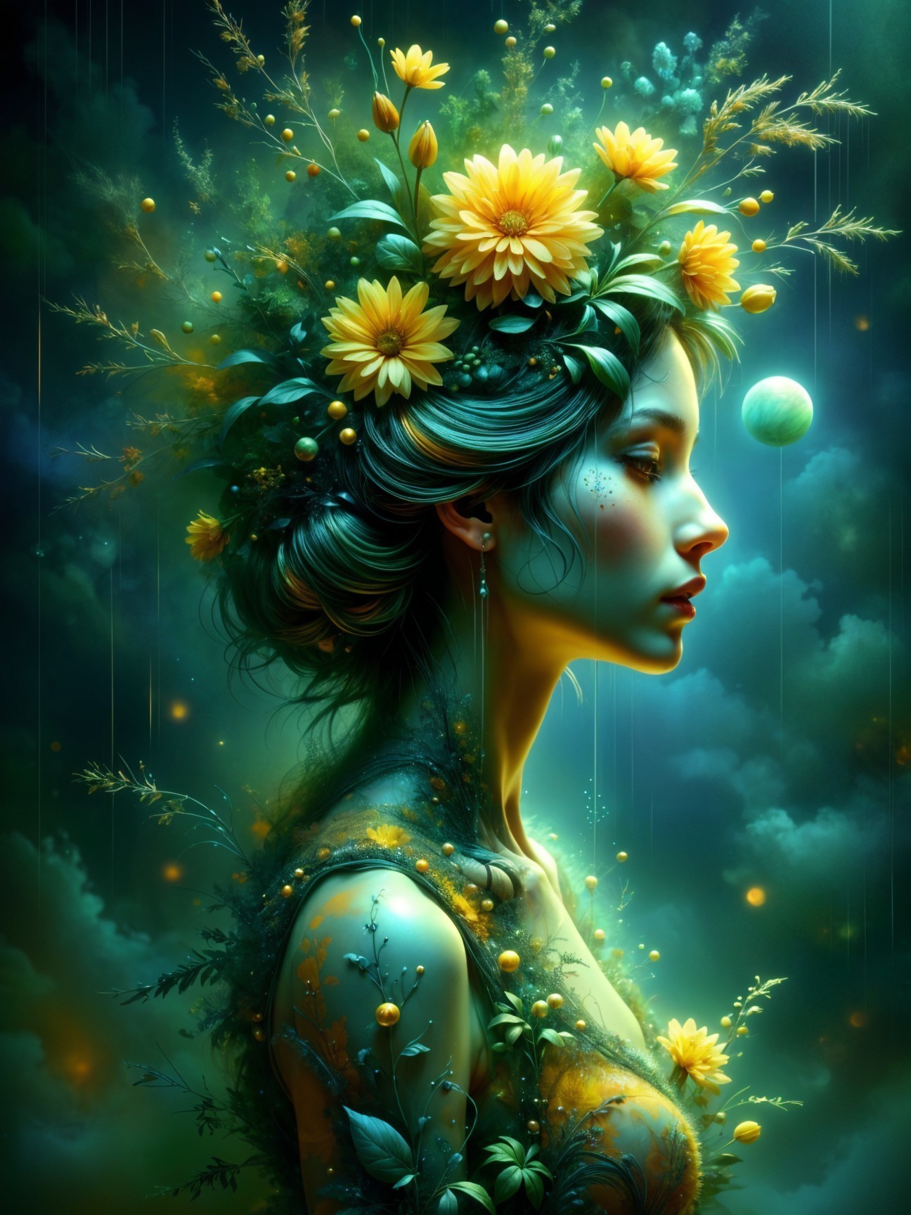 Mystical Profile of a Woman with Floral Accents