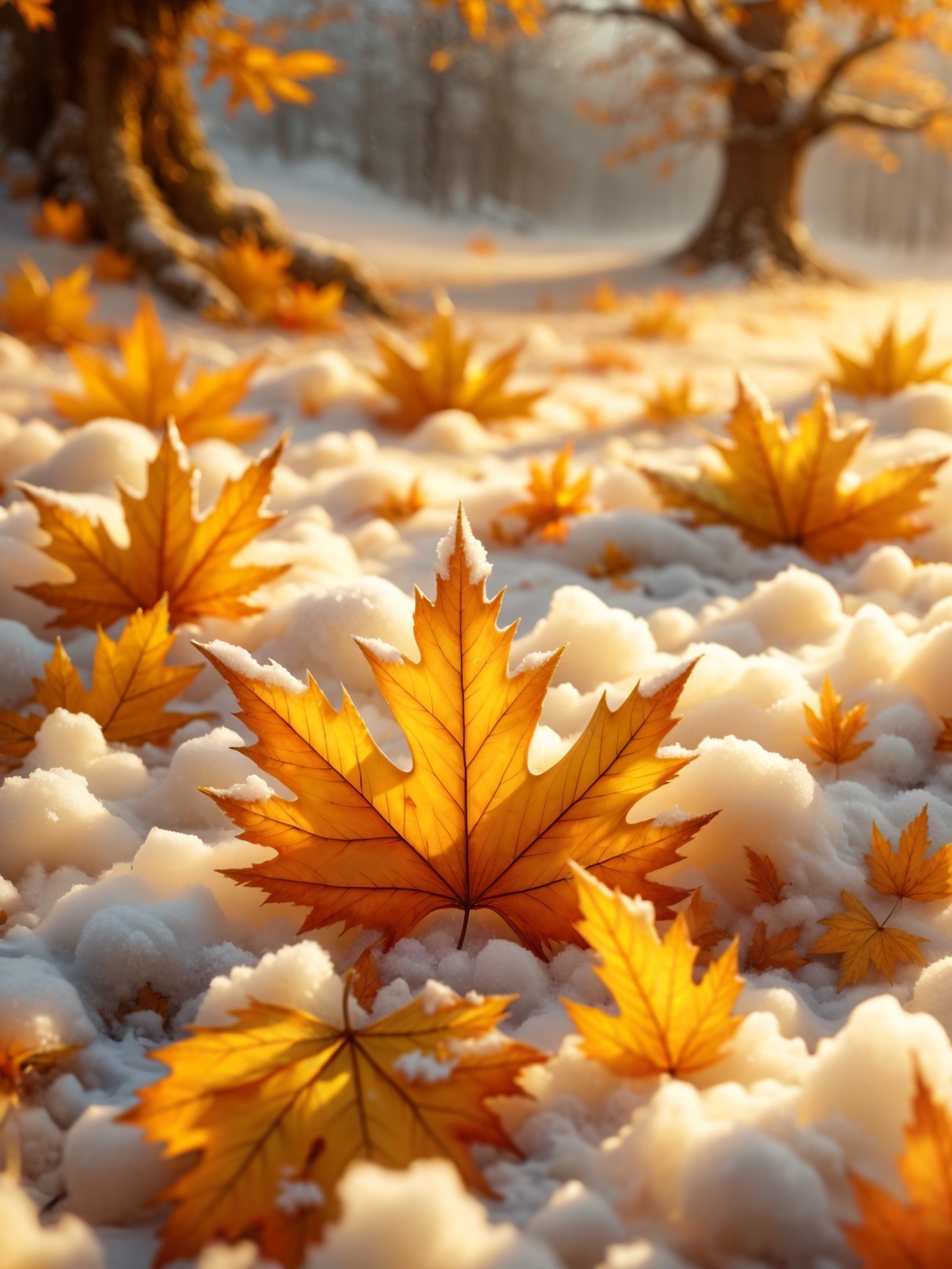 Serene Autumn Landscape with Maple Leaves and Snow