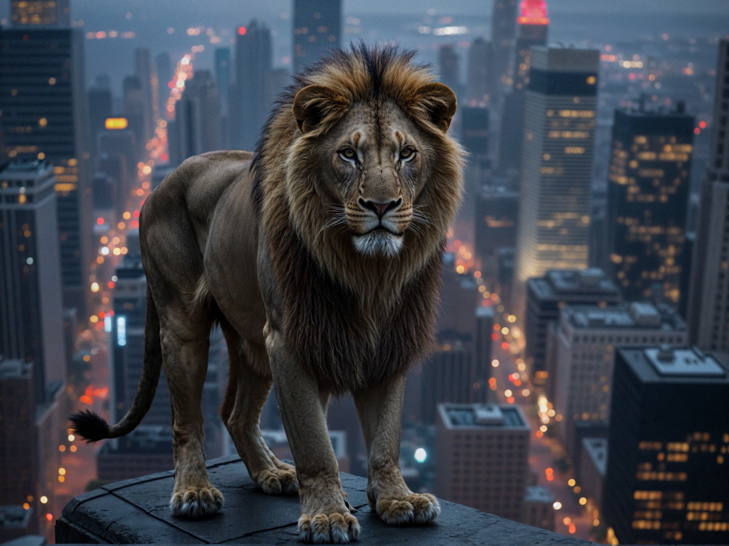 Lion on High-Rise Building Overlooking Cityscape at Twilight