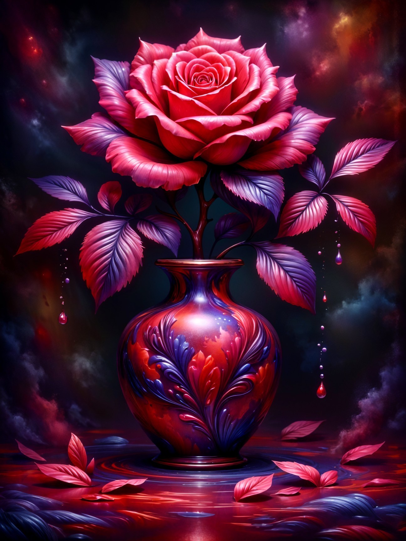 Intricately Designed Vase with Vibrant Rose and Leaves