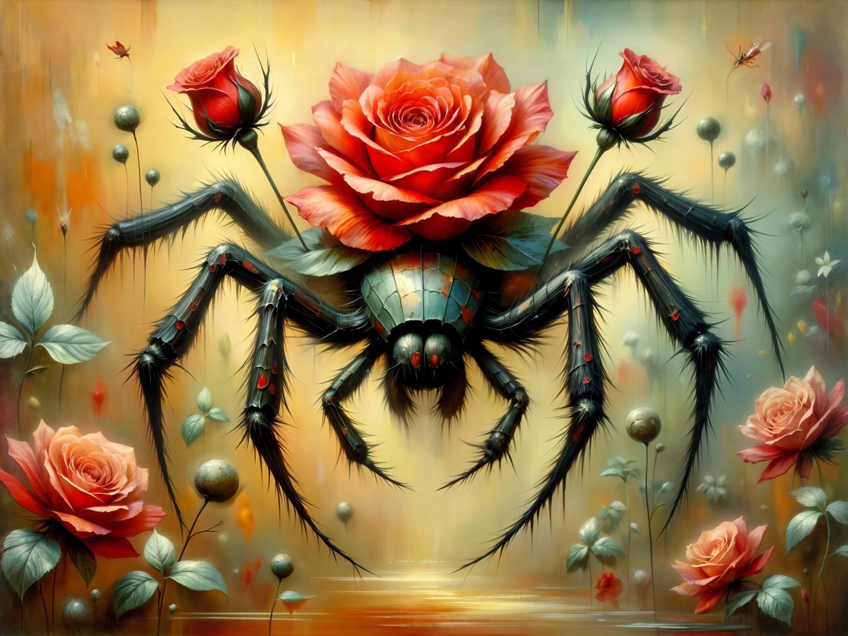 Surreal Spider with Roses in Dreamlike Setting