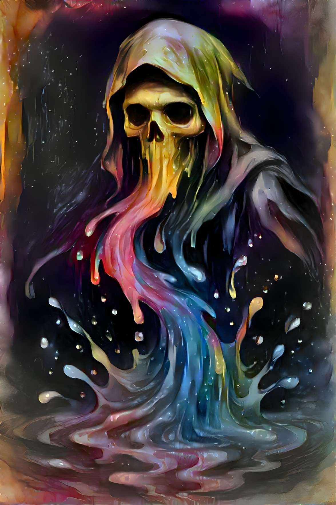 Dark Hooded Figure with Colorful Spectrum Background