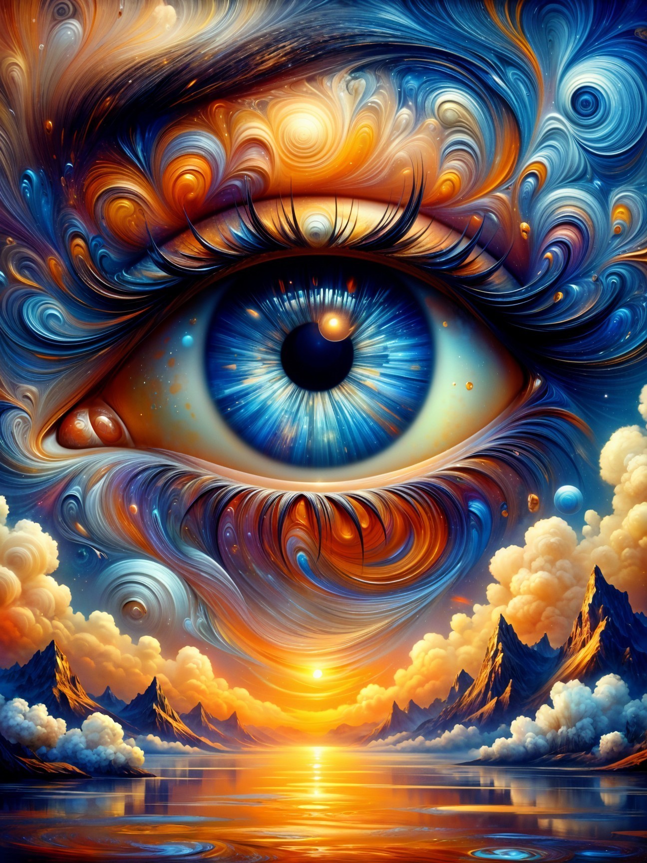 Surreal Eye with Cosmic Patterns and Dreamlike Landscape