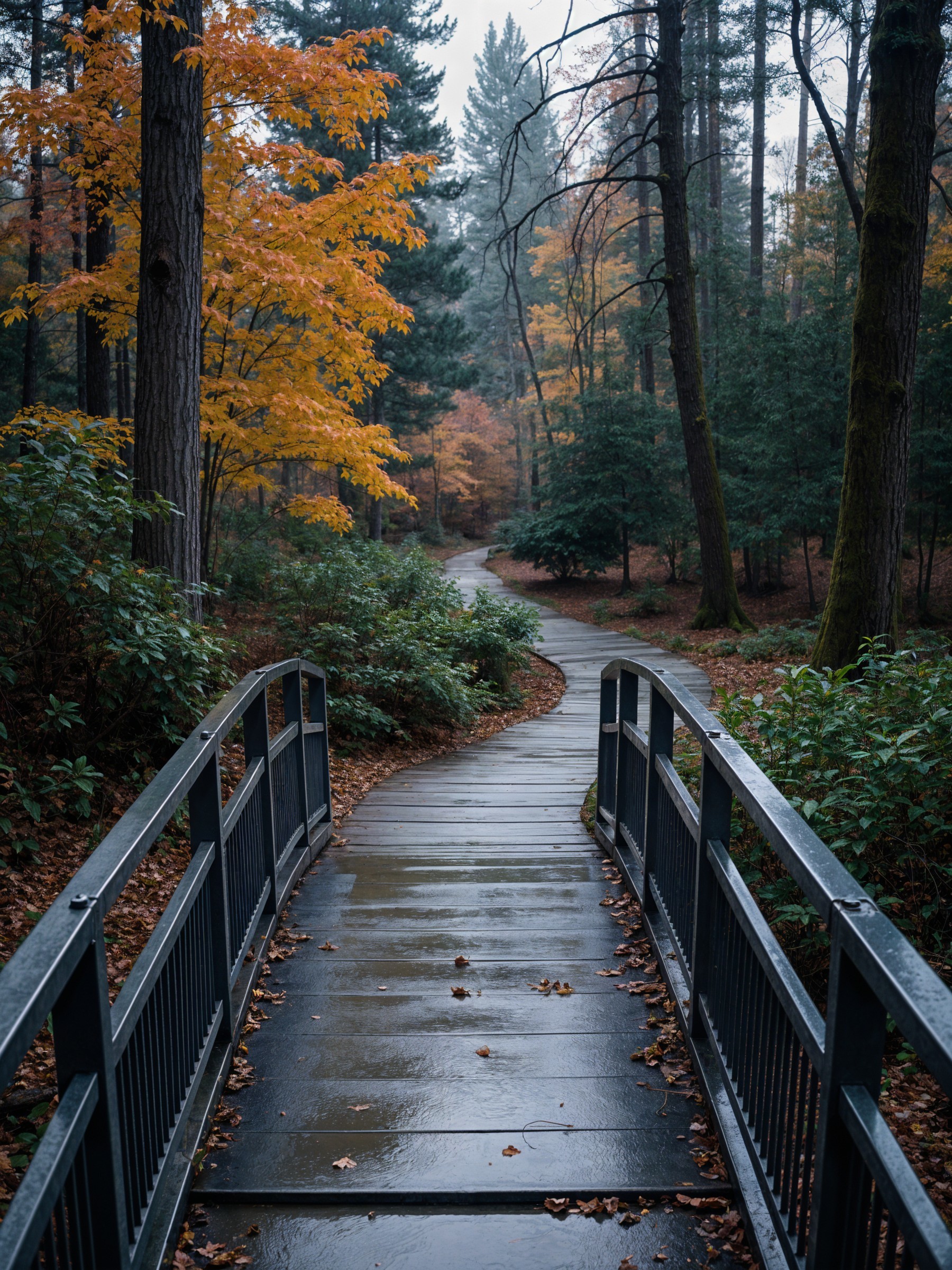 Curving Pathway in Tranquil Autumn Forest Setting