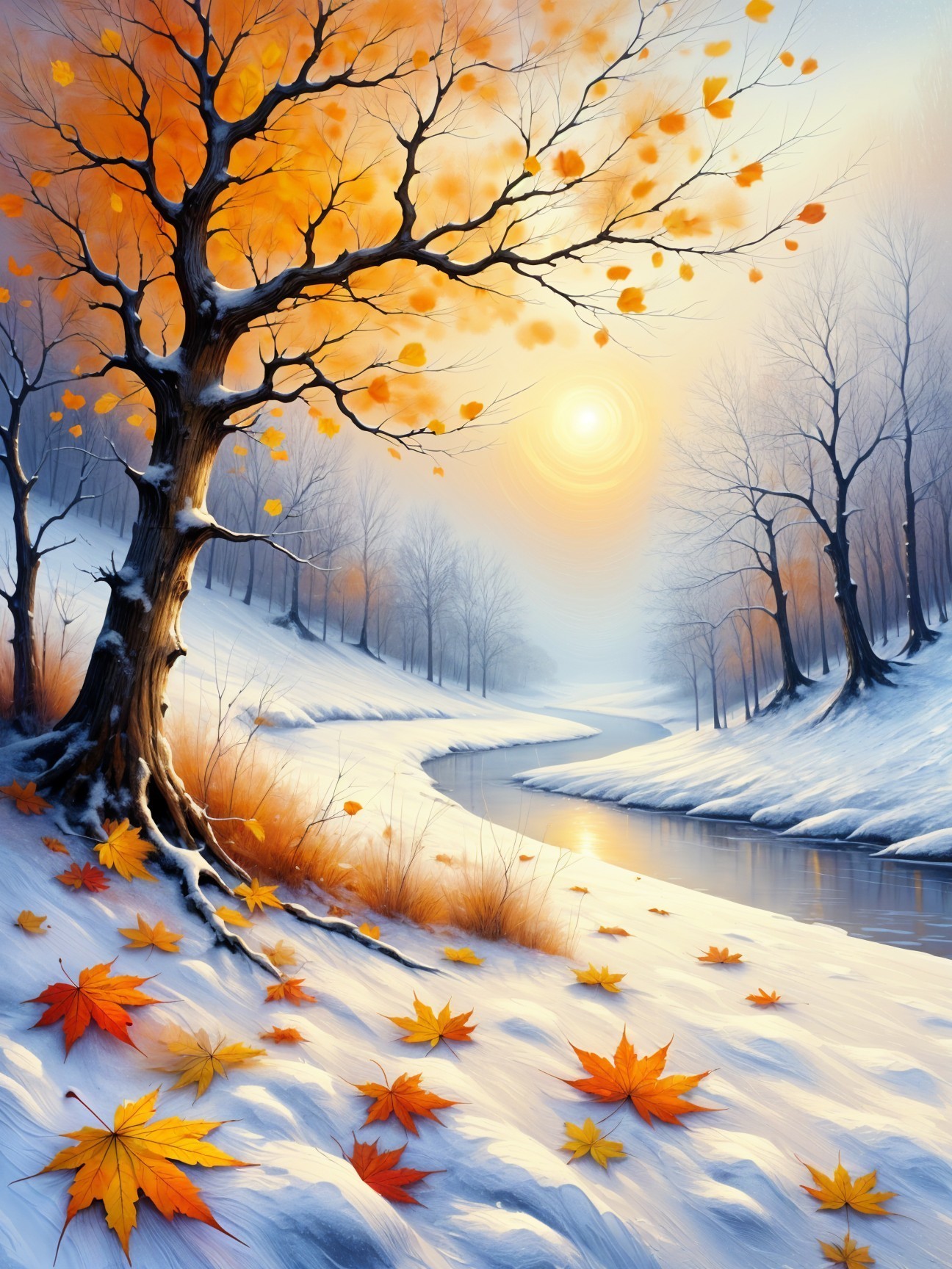 Winter Landscape with River and Autumn Leaves