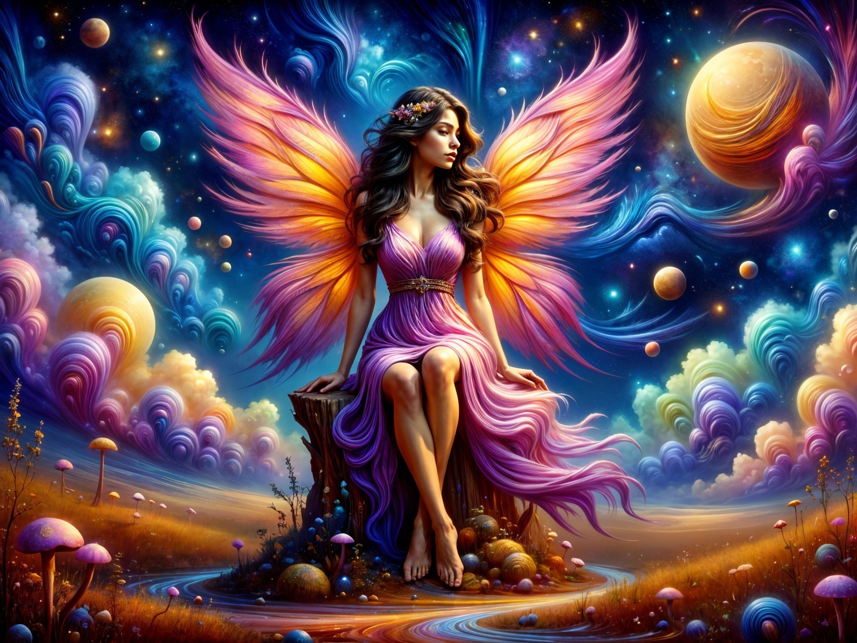 Fairy with Orange Wings in Colorful Dream Landscape