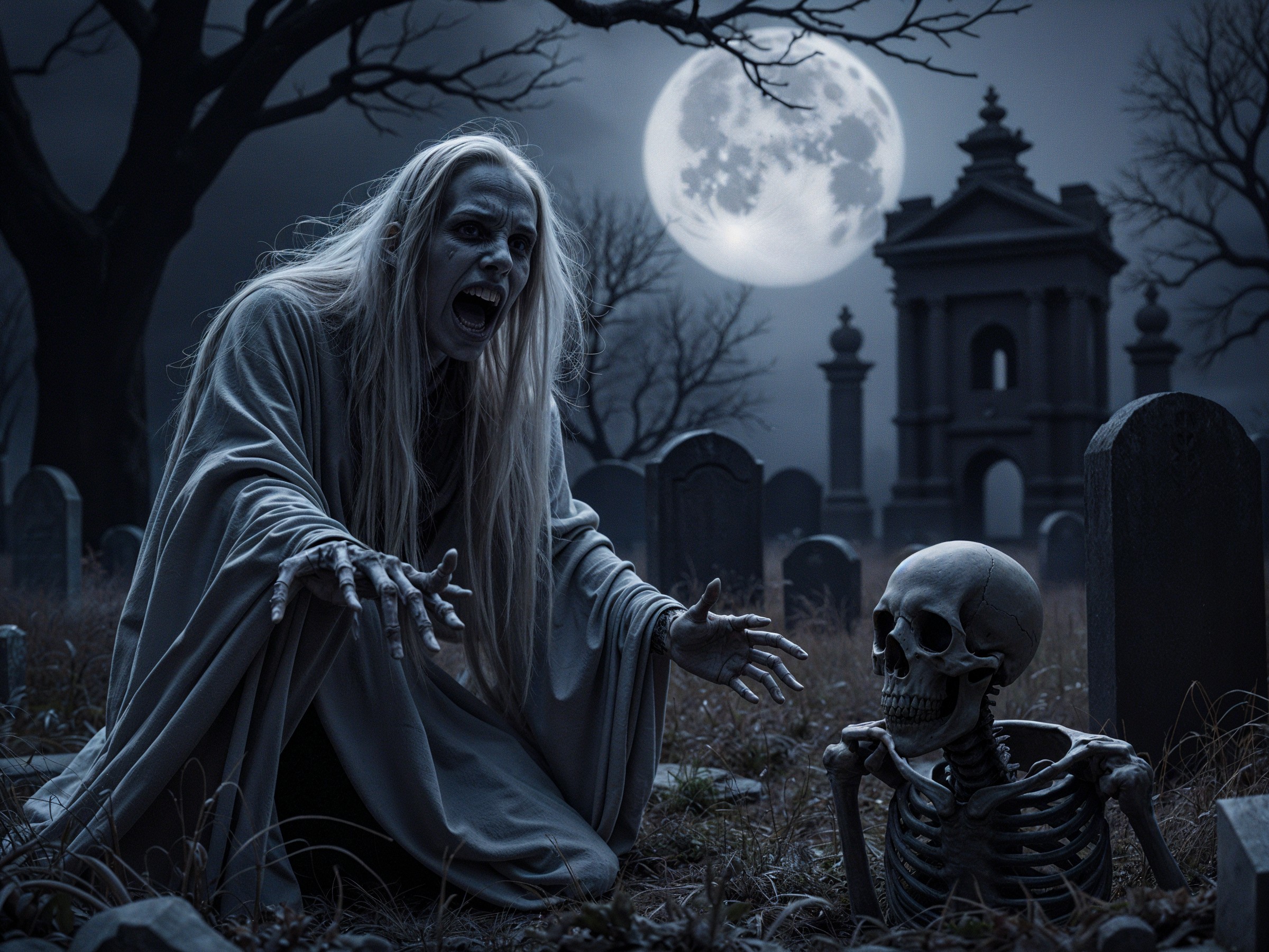 Spectral Figure and Skeleton in Haunting Graveyard Scene