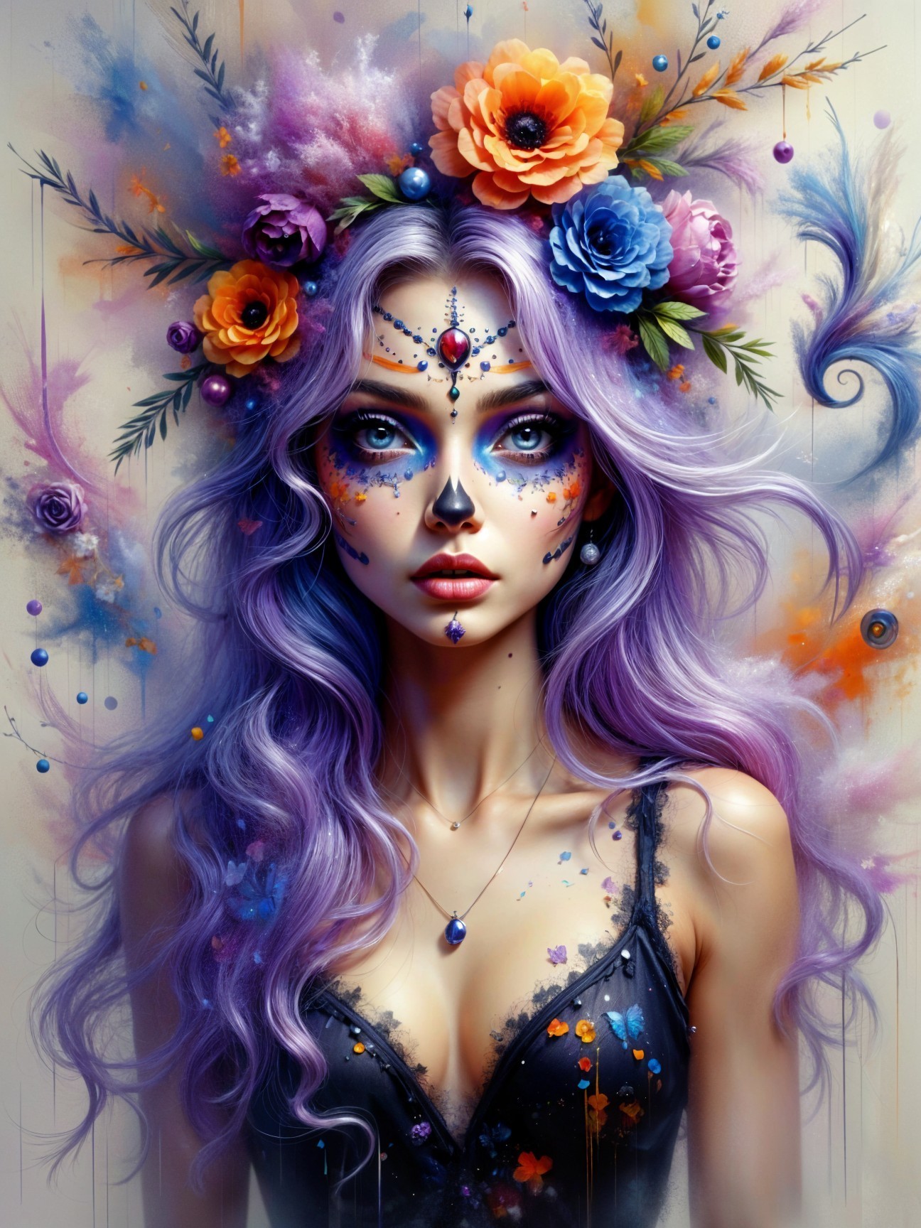 Woman with Floral Hair and Sugar Skull Makeup
