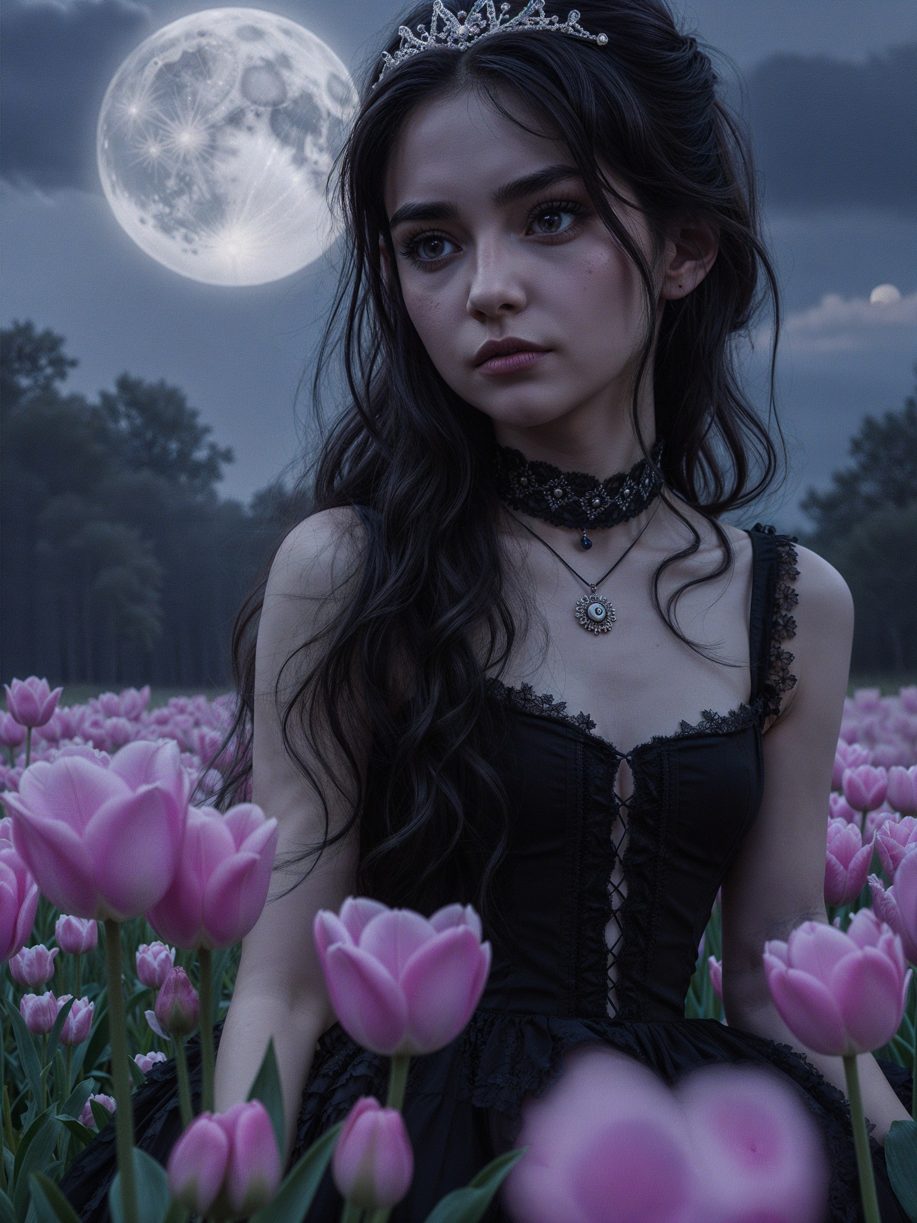 Young woman in black dress among blooming tulips at night