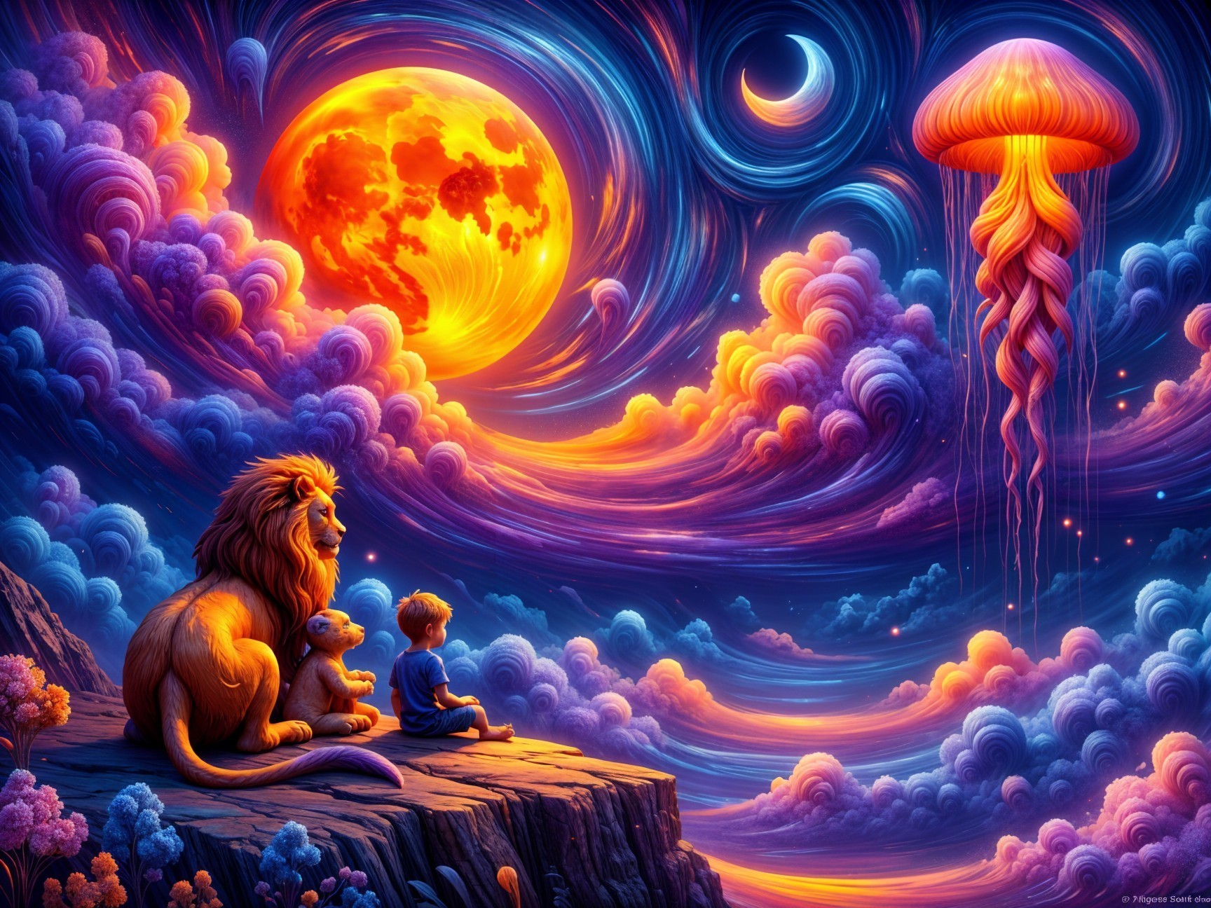 Boy on Rocky Ledge Observes Night Sky with Animals