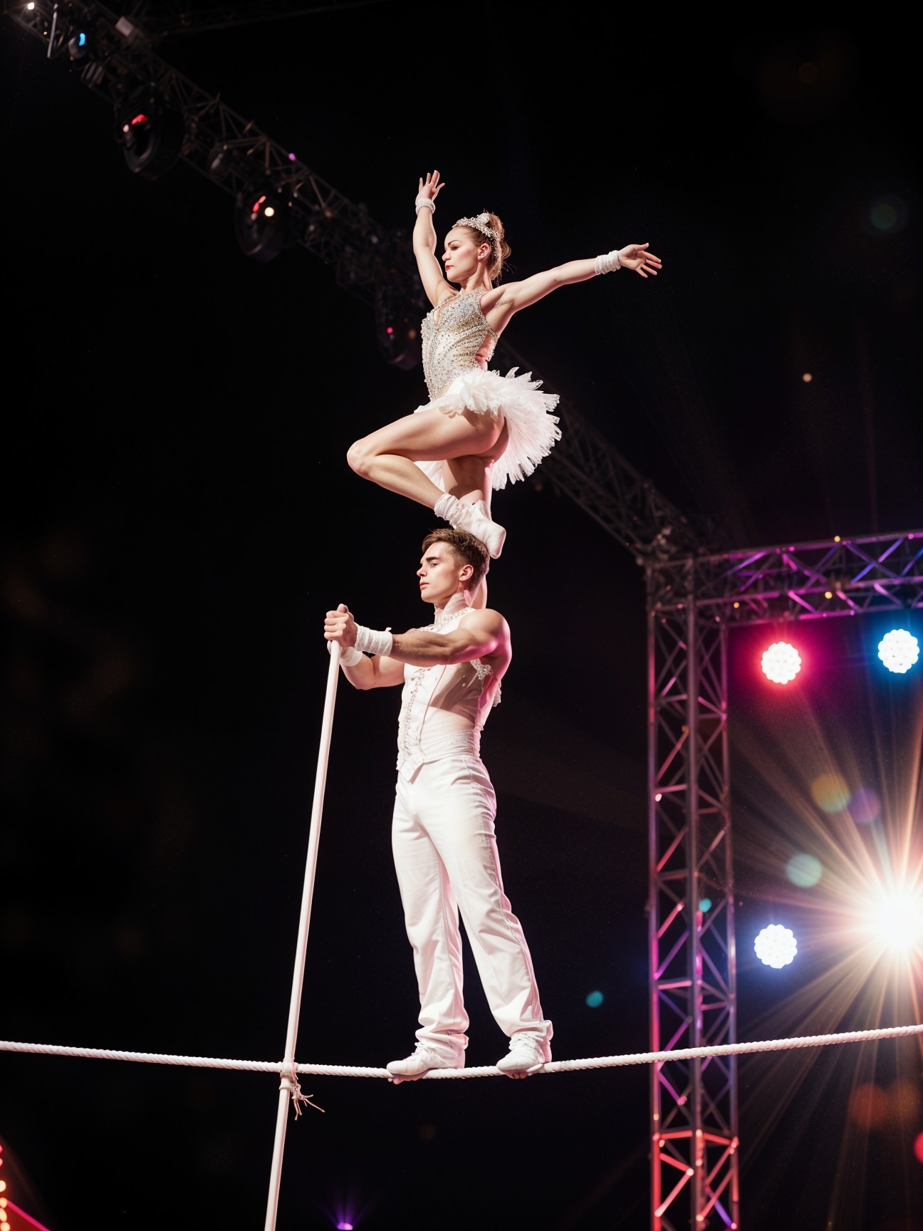 High-wire act featuring a duo in vibrant circus setting