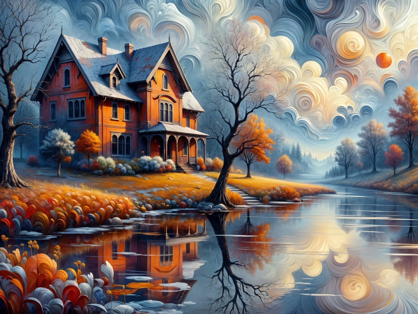 Victorian House by Lake with Autumn Foliage and Sunset