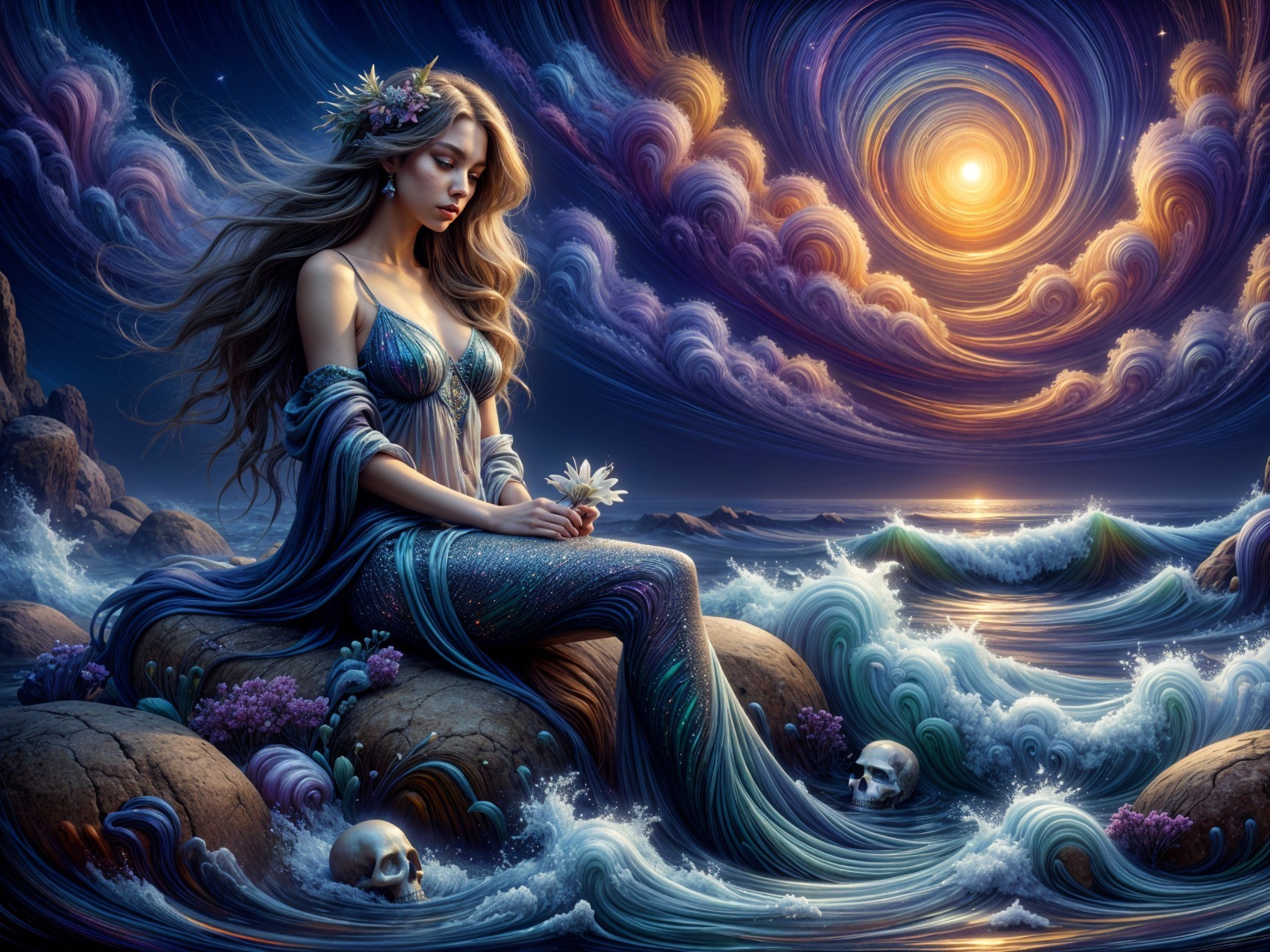 Mermaid on Rocky Shore with Lotus and Night Sky