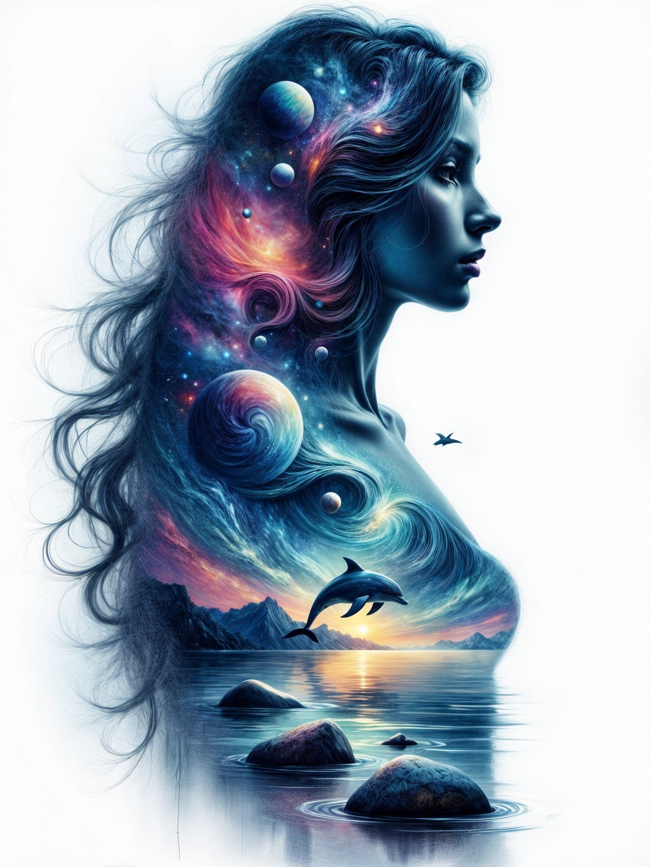Silhouette of Woman with Cosmic Hair and Dolphin Scene
