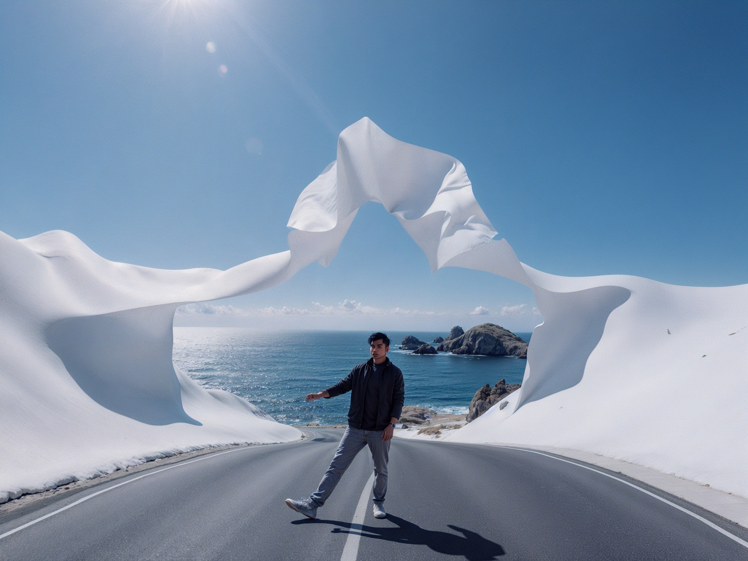 Person on a road with white fabric and ocean view
