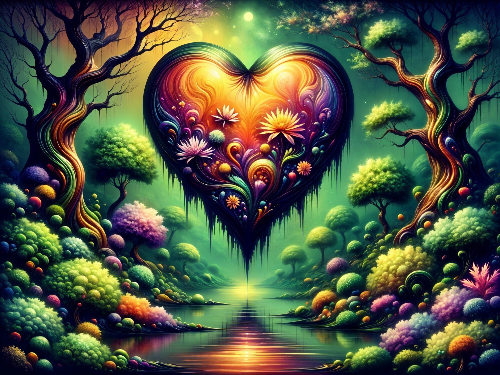 Surreal Landscape with Heart-Shaped Floral Formation