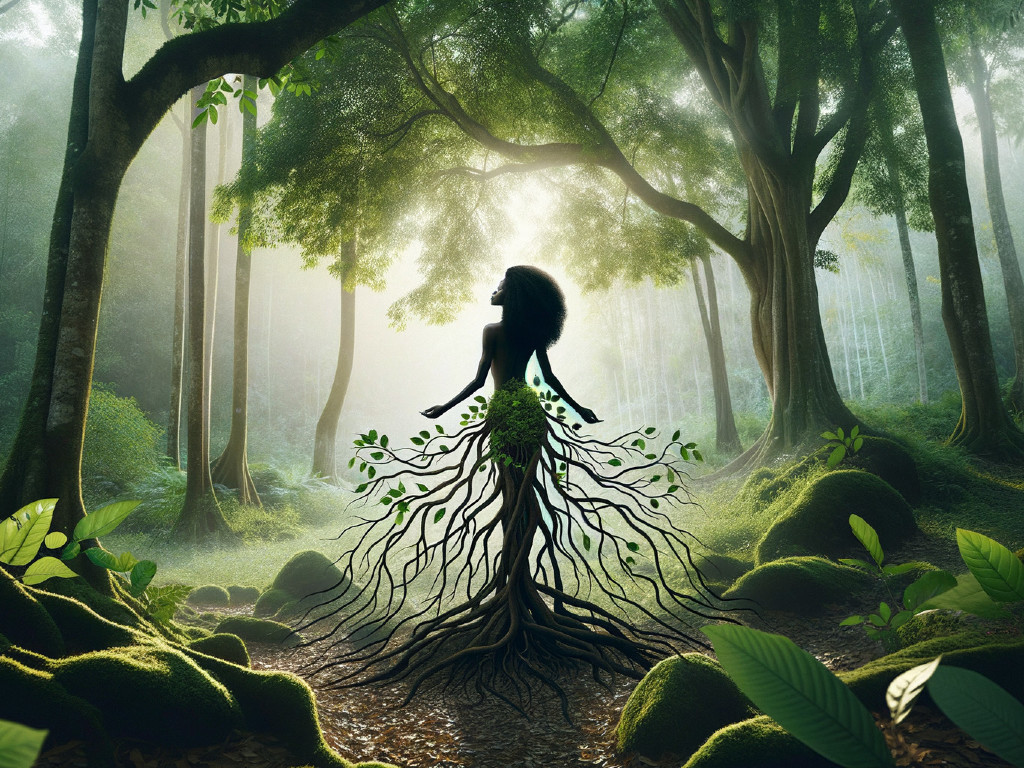 Silhouette of Woman Merging with Forest Elements