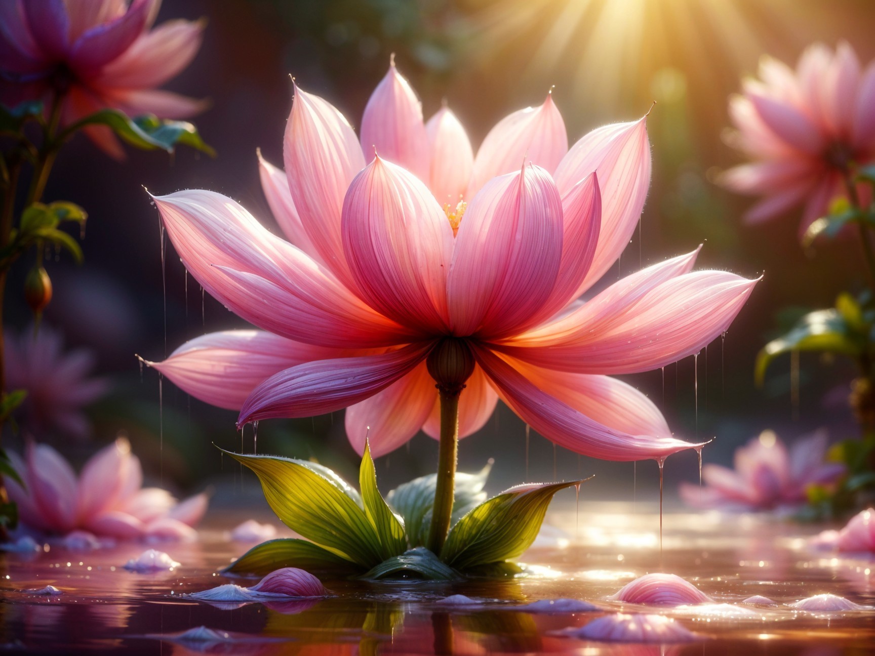 Pink Lotus Blossom in Serene Pond Setting