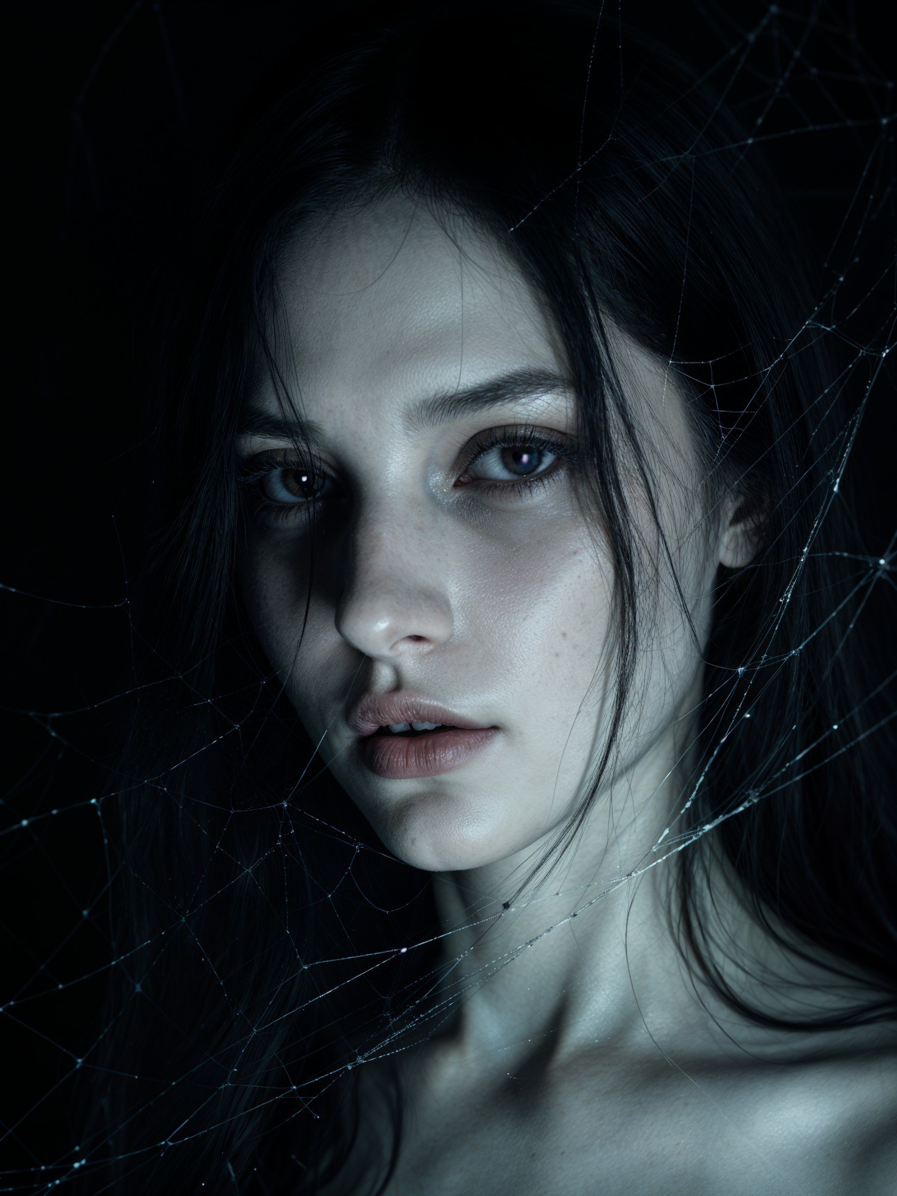 Close-up of a young woman with spiderweb backdrop