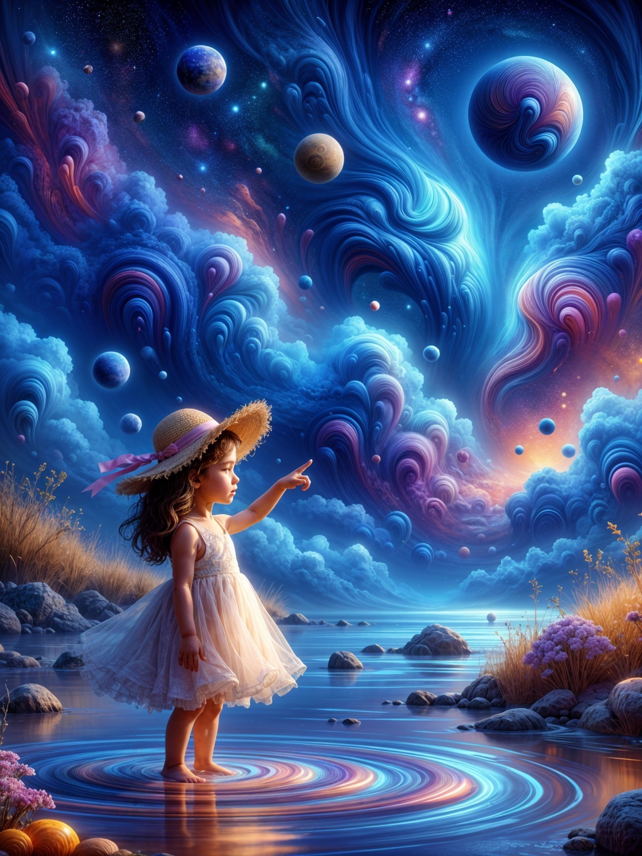 Young girl in white dress by water with cosmic sky