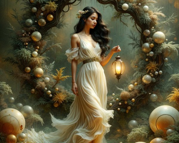 Serene figure in ethereal setting with glowing lantern