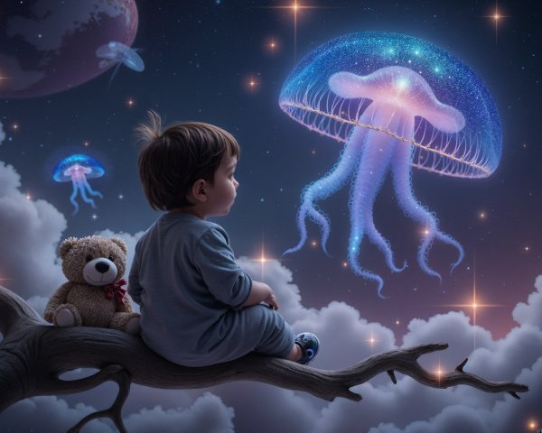 Child on Tree Branch Observing Glowing Jellyfish