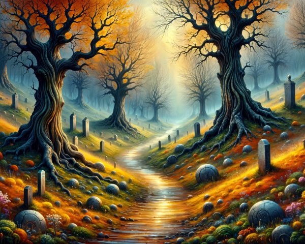 Mystical Autumn Landscape with Twisted Trees and Orbs