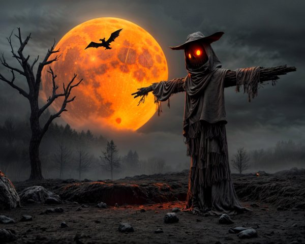 Eerie Landscape with Full Moon and Scarecrow