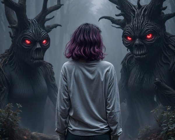 Misty Forest with Ominous Tree Figures and Fog