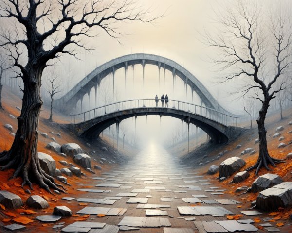 Foggy Landscape with Arched Bridge and Autumn Leaves