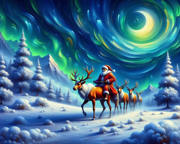 Santa Claus on an orange-brown reindeer in snow scene