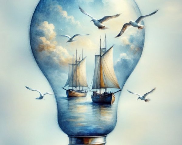 Light Bulb with Serene Seascape and Sailboats