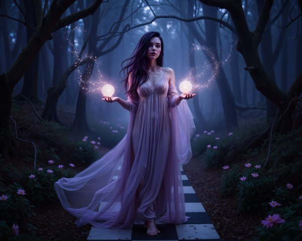 Mystical Figure in Enchanted Forest with Glowing Orbs