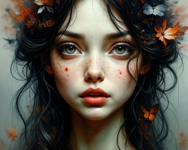 Young Woman Surrounded by Butterflies and Autumn Leaves