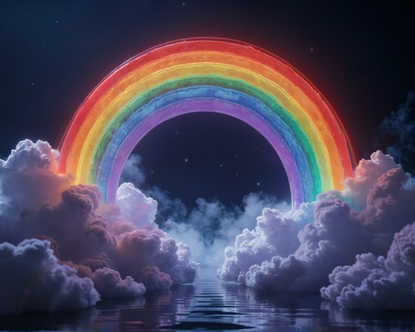 Rainbow Over Water with Starry Sky and Clouds