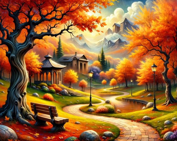 Vibrant Autumn Landscape with Gazebo and Mountains