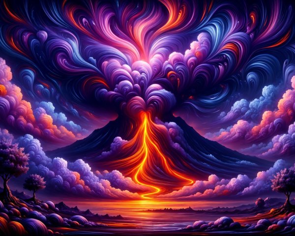 Surreal Landscape with Erupting Volcano and Clouds