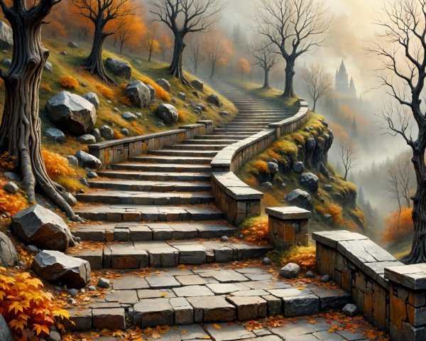 Winding Stone Staircase in Autumn Landscape
