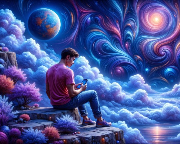 Young man on rocky ledge with cosmic backdrop