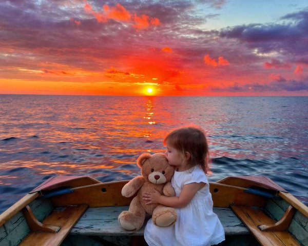 Girl with Teddy Bear in Rowboat at Sunset