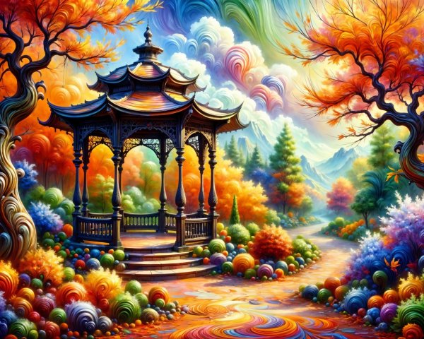 Surreal Landscape with Gazebo and Autumn Foliage