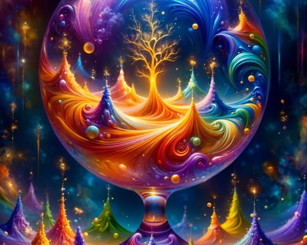 Mystical Scene in a Glass Orb with Colorful Trees