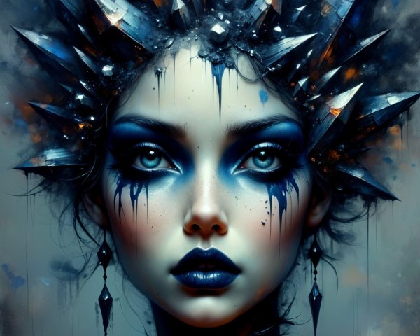 Dramatic Ice-Themed Figure with Regal Crown and Makeup